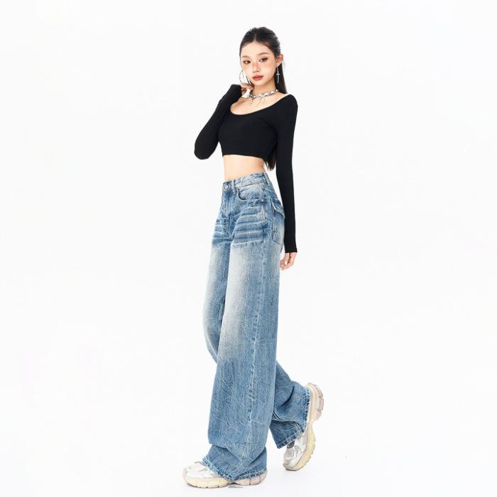 American old pleated floor drape denim trousers comfortable Spice Girl new loose spring and summer