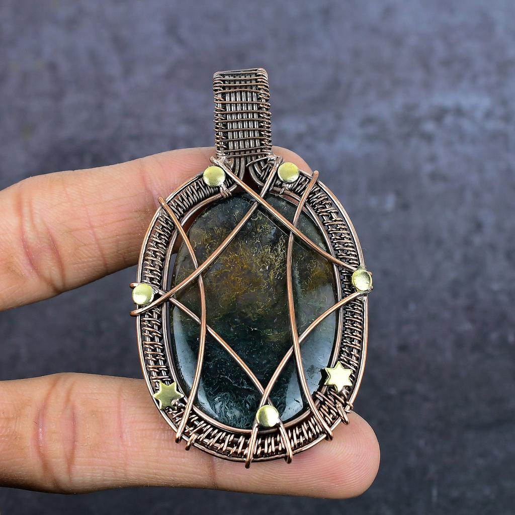 Pierre Précieuse Agate Mousse Naturelle Fait Main Cuivre Eire Wrap Bijou Pendentif 2.99" D9W85