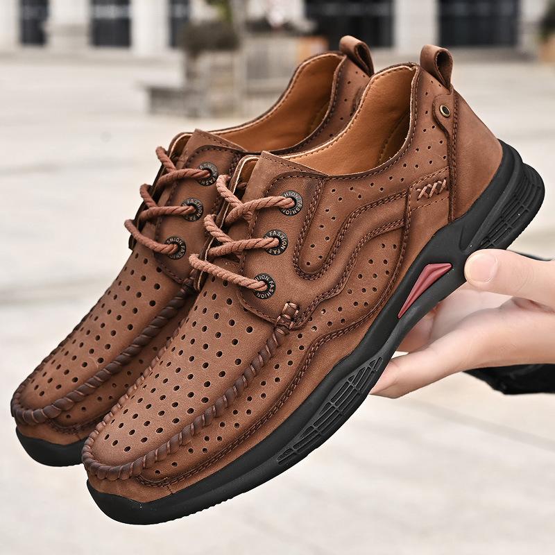 

Outdoor casual leather shoes summer new hollow breathable men s shoes solid color platform sports large size men s shoes 38