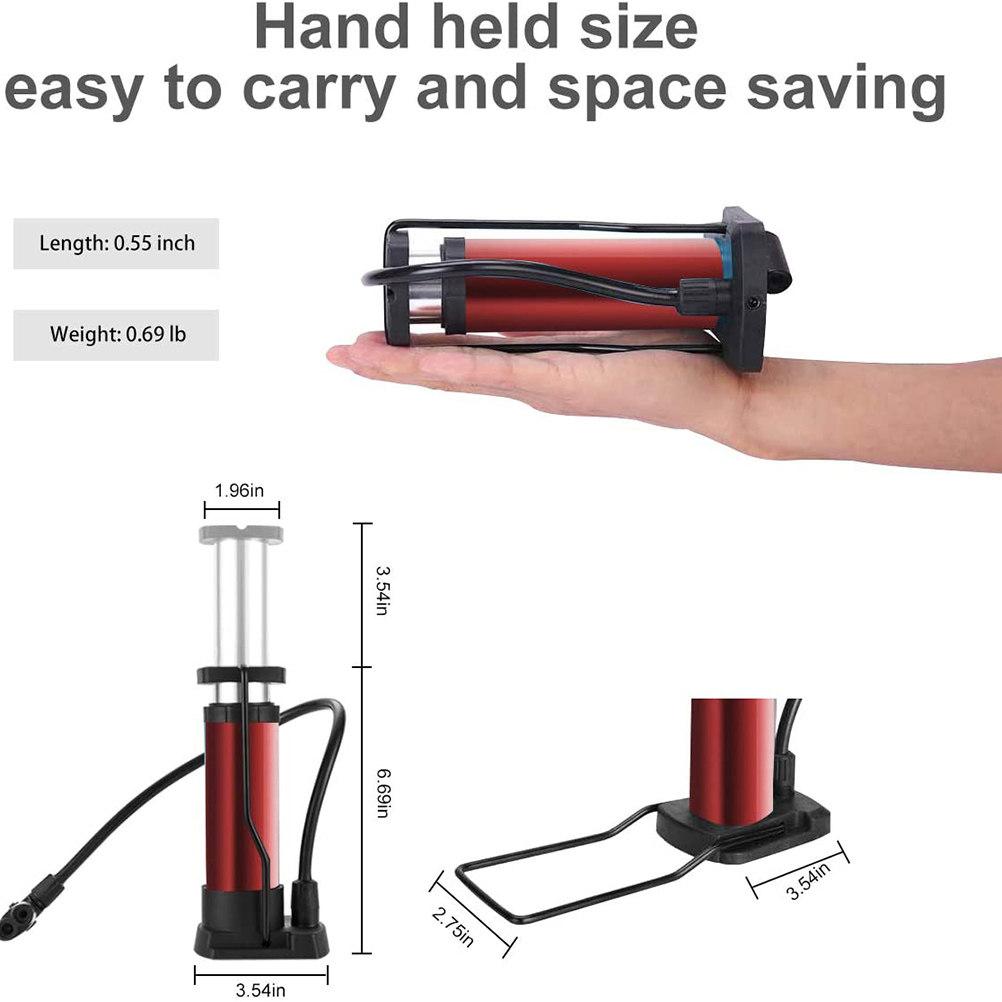 1Set Compact Bike Foot Pump Heavy Duty Metal Build Multi-Use for Tires Balls Motorcycles Portable Inflation Tool Red with