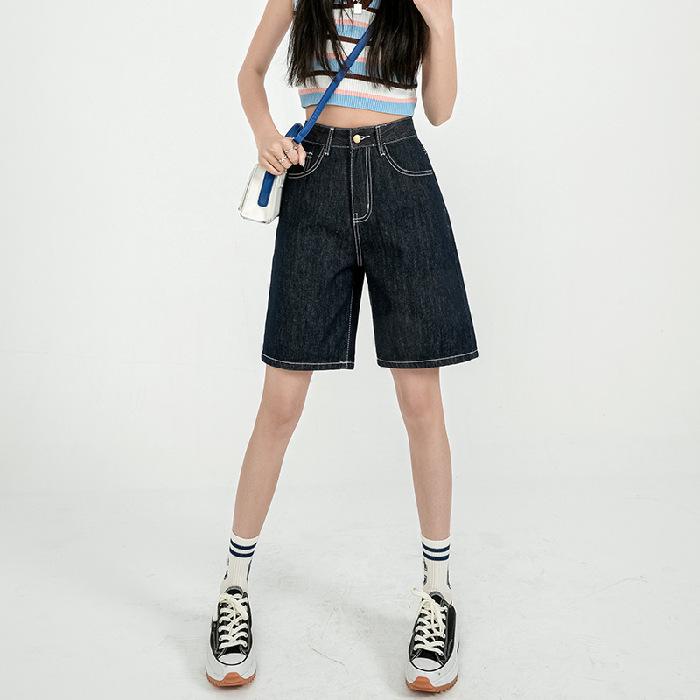 Women's High-Waist Retro Denim Shorts: Loose, Straight-Leg, 5-Point Mid-Length, Hong Kong & Japanese Style for Spring & Summer