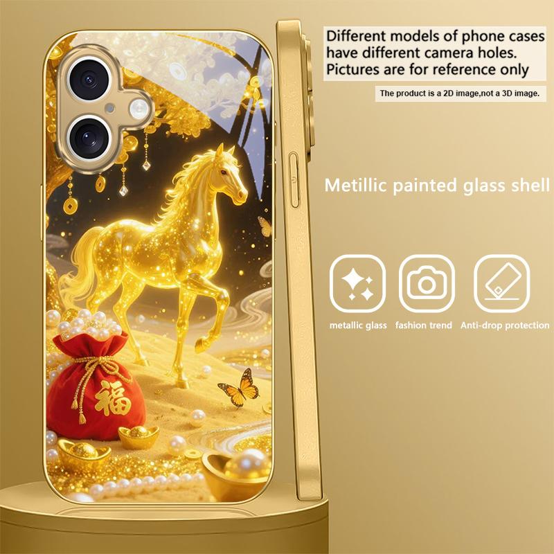 The Golden Lucky Horse For iPhone 17 Pro Max 16 16E 15 14 13 Plus 12 Mini 11 15Pro 17 Air XR X 17ProMax Golden Glass Phone Case