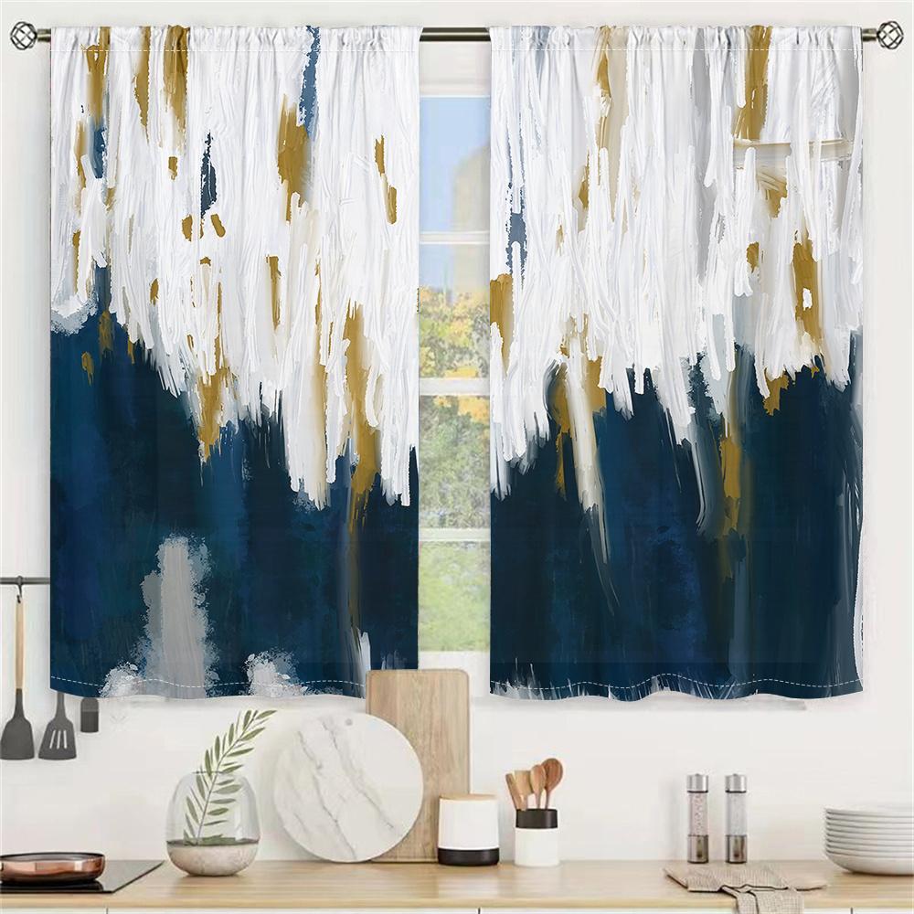 2Pcs Artist Brushstroke Curtains Blue White Gold Abstract Pattern Living Room Bedroom Kids Room Sunshade Modern Art Decor