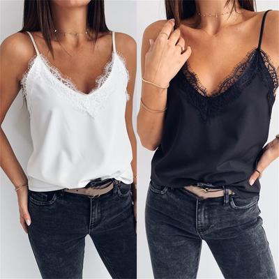 Women V Neck Lace Spaghetti Strap Tank Tops Casual Sleeveless Shirts Blouse