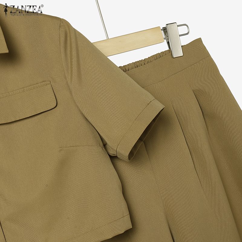 ZANZEA Women Short Sleeve Cropped Blouse and Long Pants Casual Two Piece Suit Sets