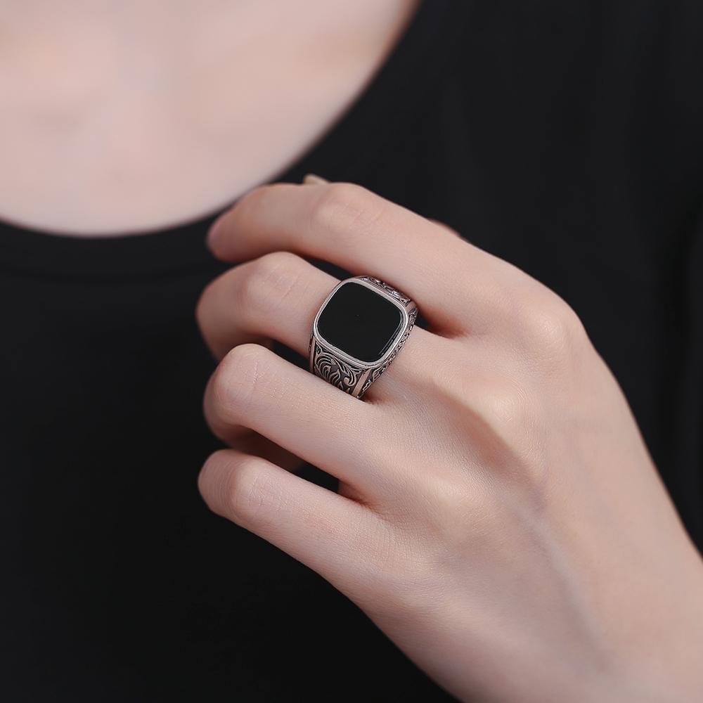 Erkek Siyah Akik Yüzük 12x14mm, Erkek Vintage Sterling Gümüş İnce Takı, Ona Düğün Yüzüğü Hediyesi