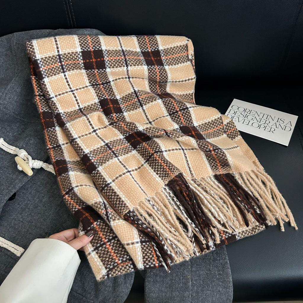 Autumn and Winter High-end Fashion Woven Plaid Scarf Sweet and Elegant Temperament Imitation Cashmere Warm Fringed Shawl