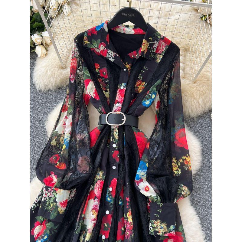 French Dress 2025 New Arrival Fashion Elegance Retro Lapels Long Sleeves Waist-Tight Lace Patchwork Printed Long Dress