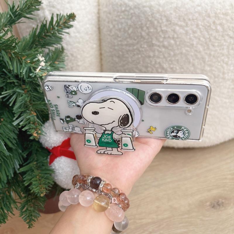 Hot Cute Cartoon coffee Snoopy Magsafe Wireless Charge Folding Phone Case For Samsung ZFold 3 4 5 6 ZFold7 Snoopy Magnetic Stand