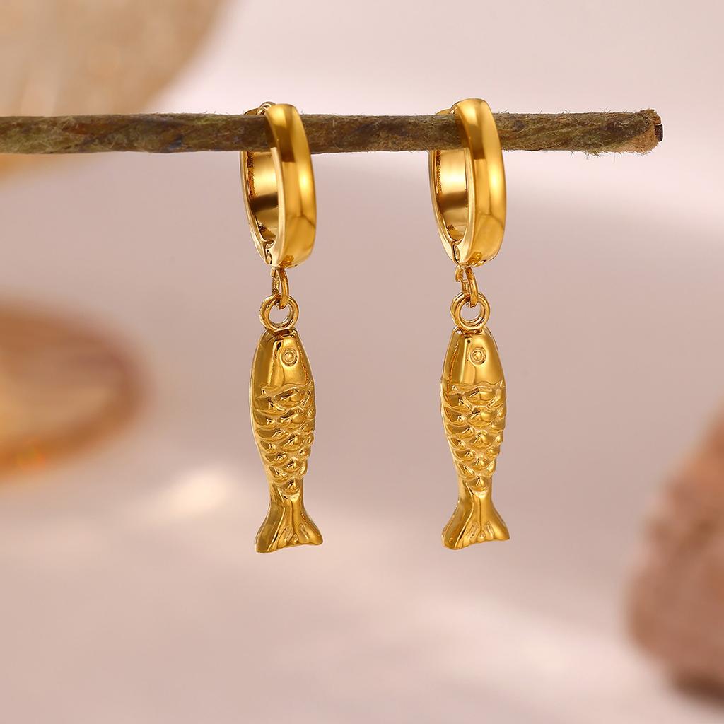 Cute Hoop Earrings Women's Party Geometric Heart Small Fish Gold Color Hanging Hoops Stainless Steel Jewelry Flower Earring Gift