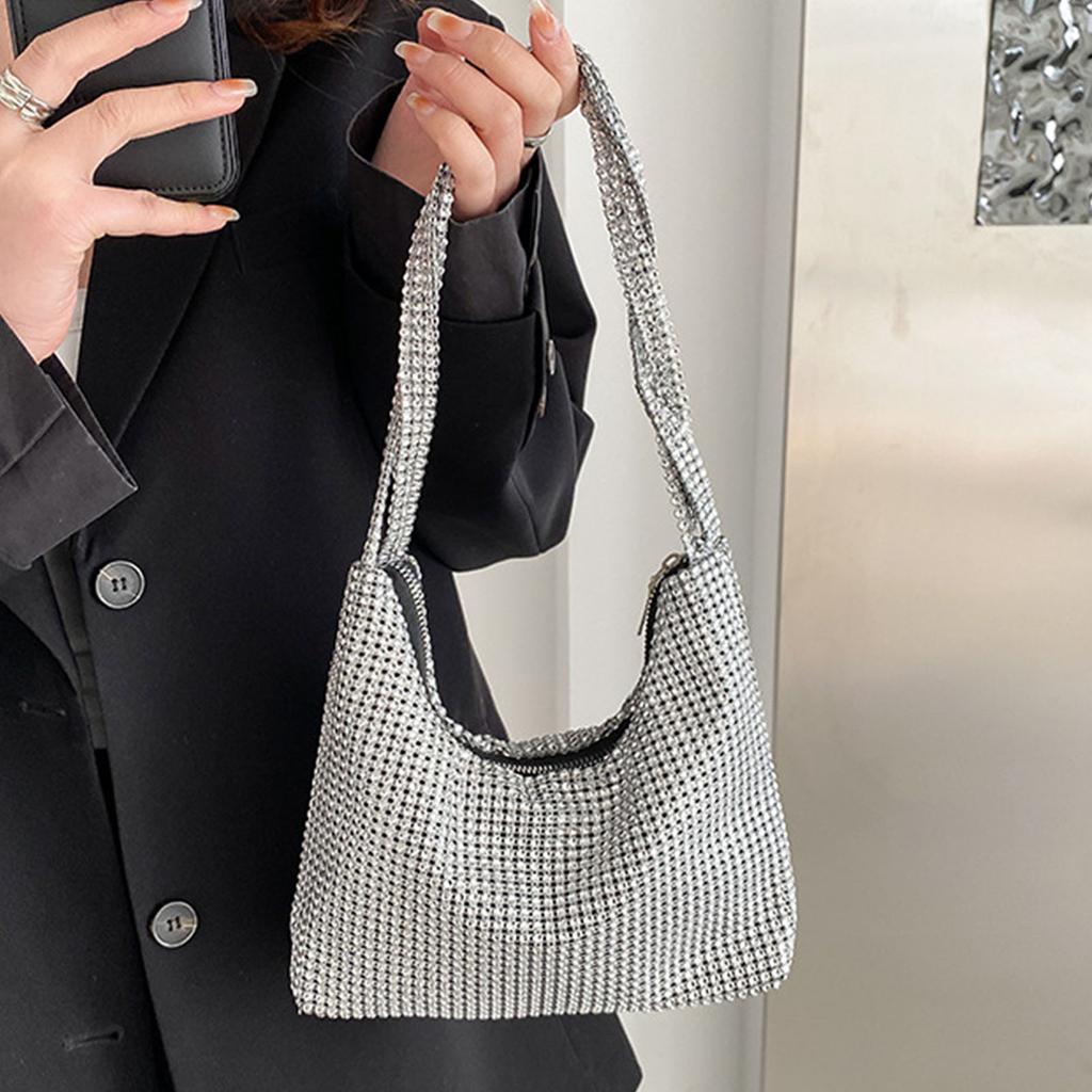 Exquisite Silver Shiny Purse Bag for Rhinestone Underarm Bag Evening Bag Wedding Shoulder Bag Handbag for Dinner Party