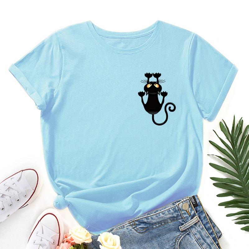 Summer Women's Cute Cat Print Loose Round Neck Pure Cotton Short Sleeved T-Shirts Women’s