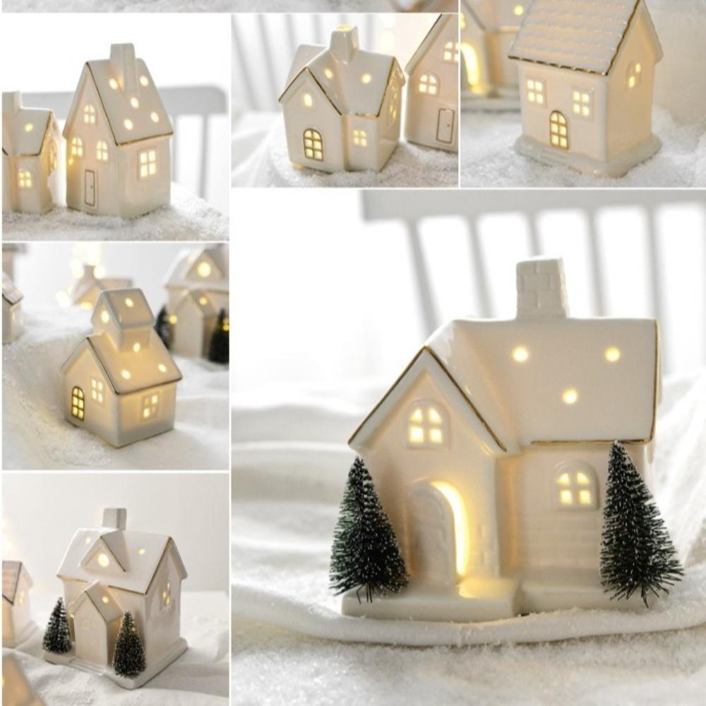 LED Light Up Porcelain Village House White Tabletop Ornaments New House Figurines  Winter Decor