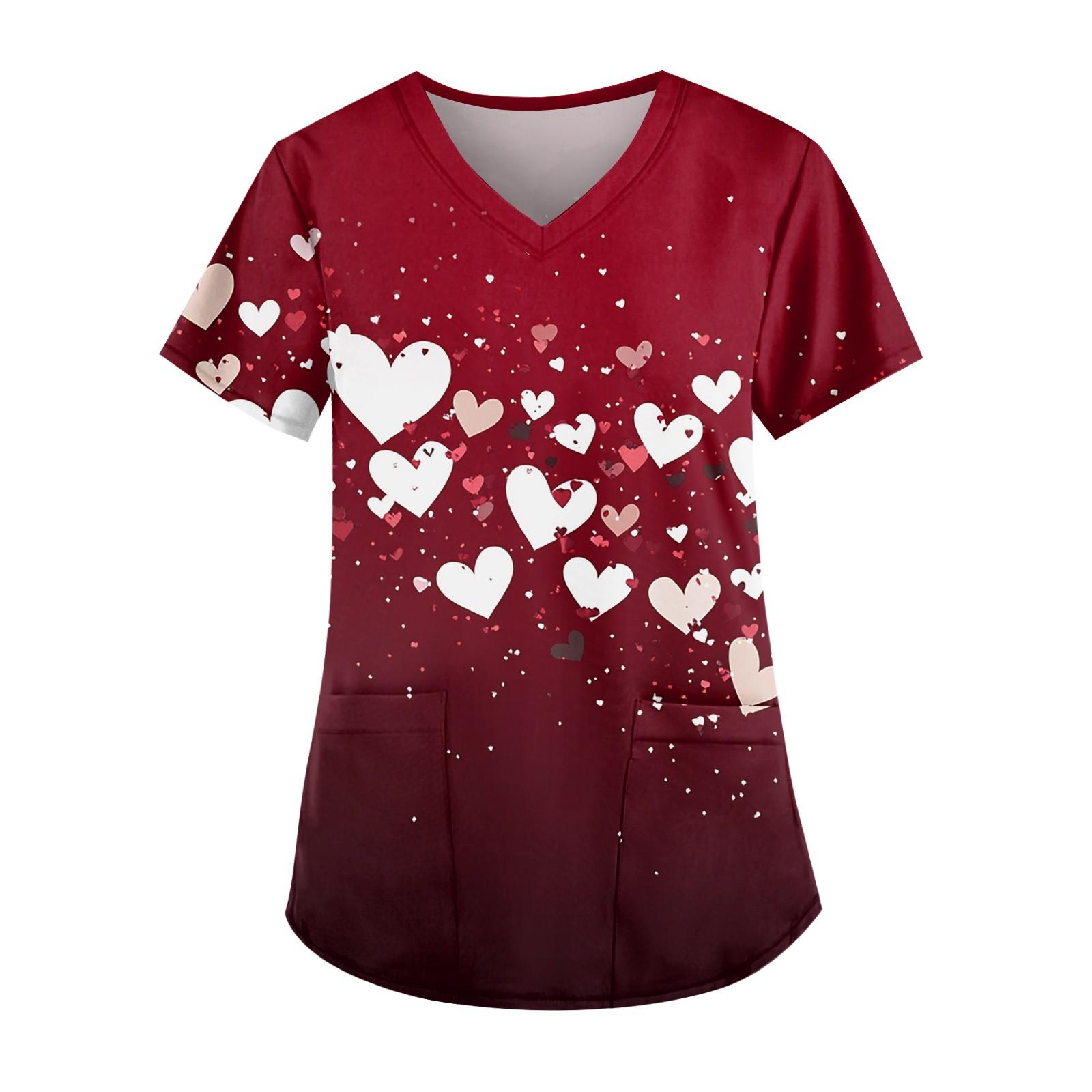 

Женская симпатичная рабочая одежда с принтом, V-образным вырезом, двухслойными карманами, базовым коротким рукавом, пуловером на Рождество XL винный