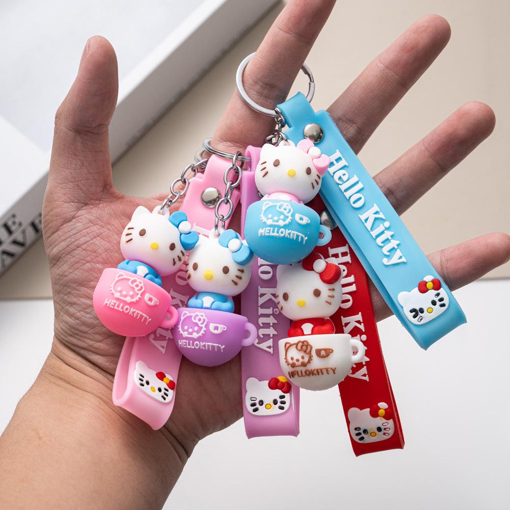 Creative KT Cat Teacup Cartoon Keychain Pendant - Cute Kitty Backpack Ornament for Students