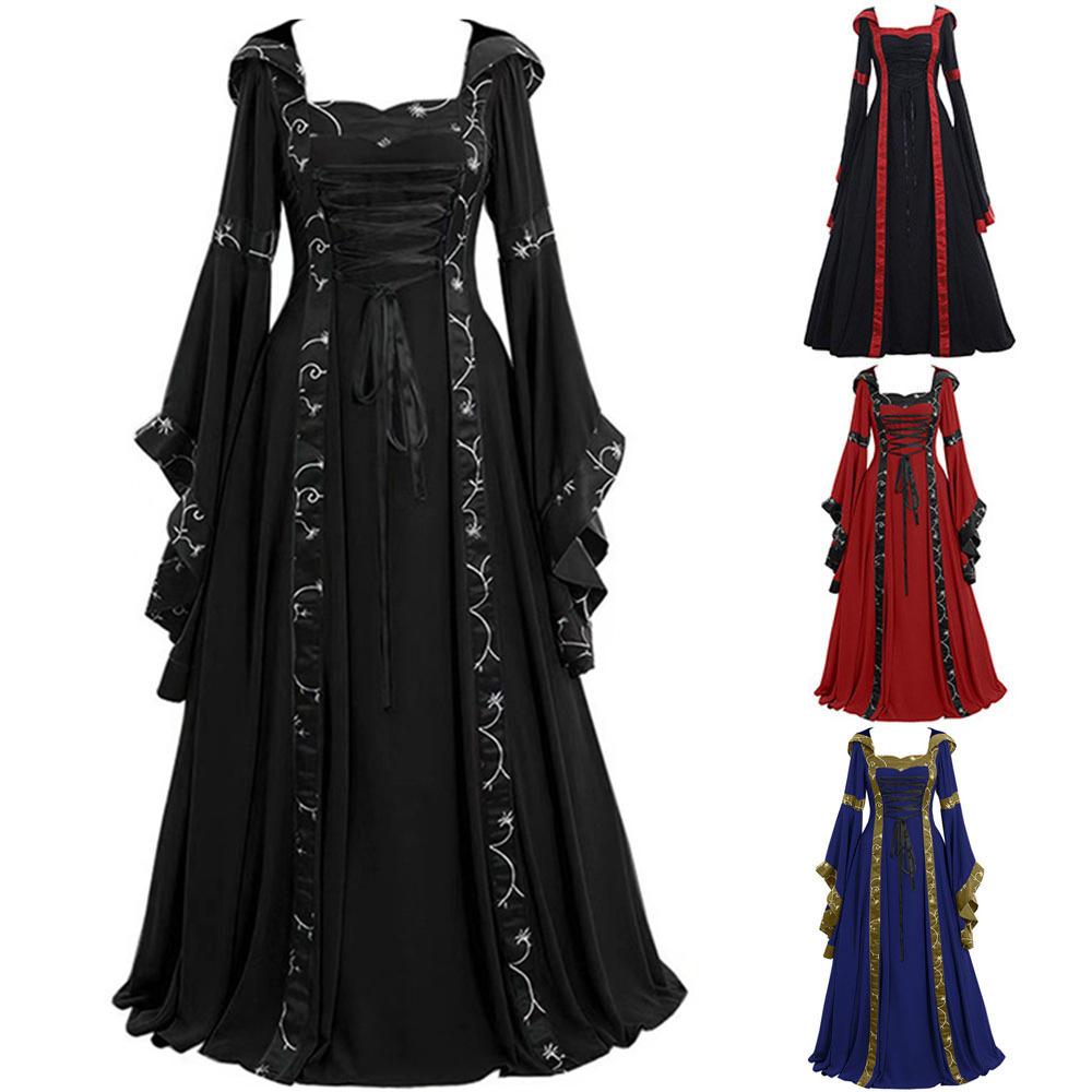 Medieval Retro Hooded Dress with Square Neck, Lace-Up Detail, and Bell Sleeves