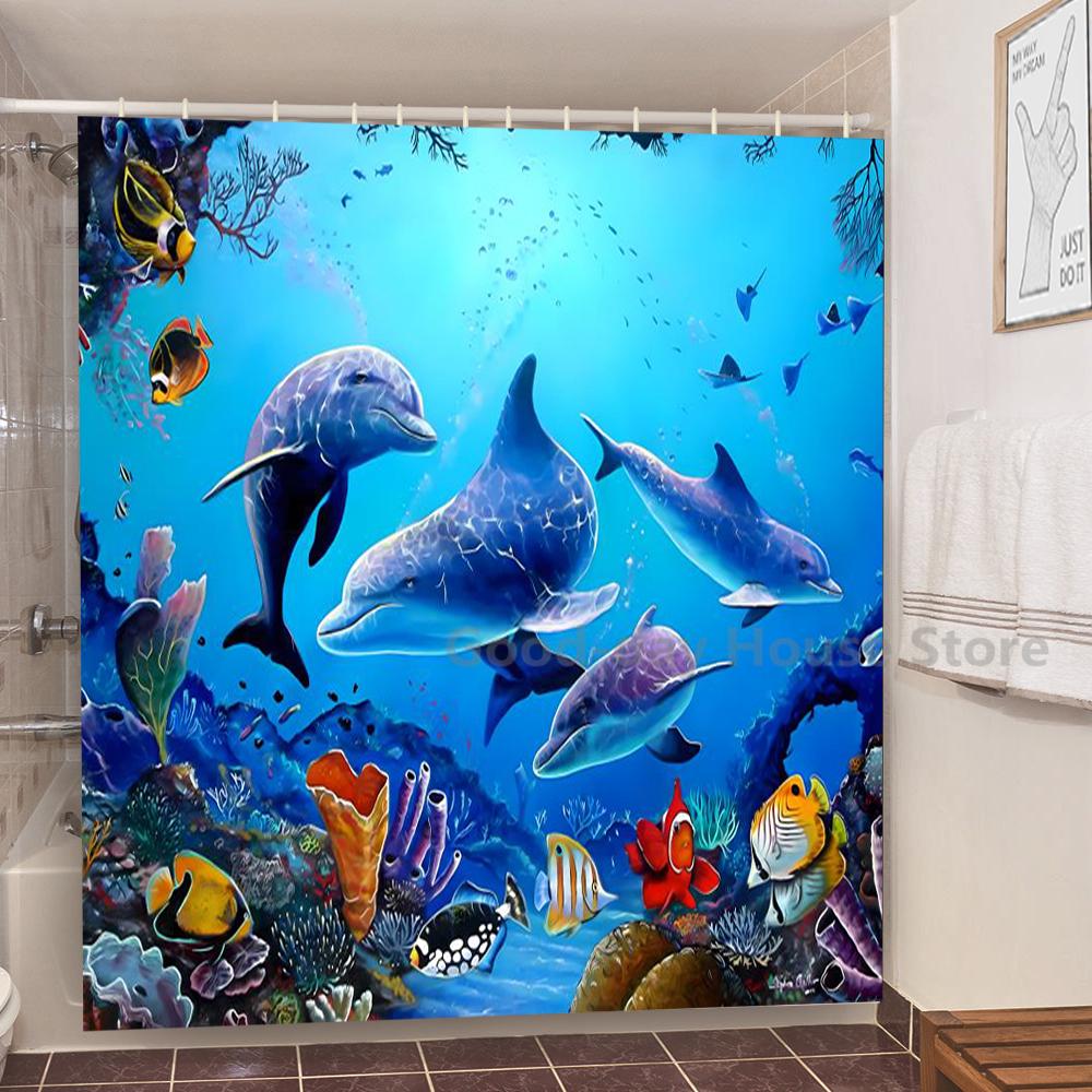 3D Dolphin Bathroom Shower Curtain Waterproof Polyester Fabric Kids Bath Curtain with 12 Hooks Cute Cortinas Washable Home Decor