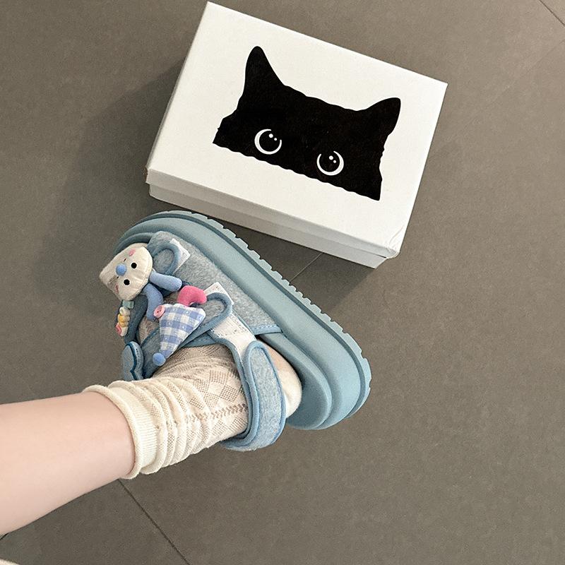 Fashion Cute Cartoon Bear One-word Buckle with Velcro Sandals Women's Summer New Beach Cool Slippers