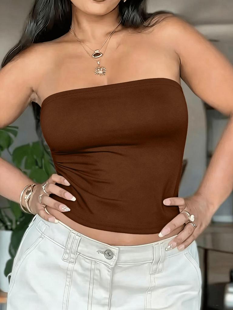 Plus Size Strapless Slim-Fit Tank Top - Solid Color