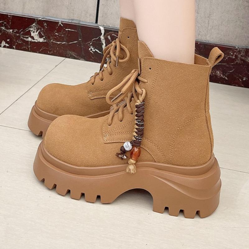Mid Heels Lace Up Short Boots for Women Platform Shoes 2025 Winter New Suede Ankle Boots Designer Sneakers Dress Pumps