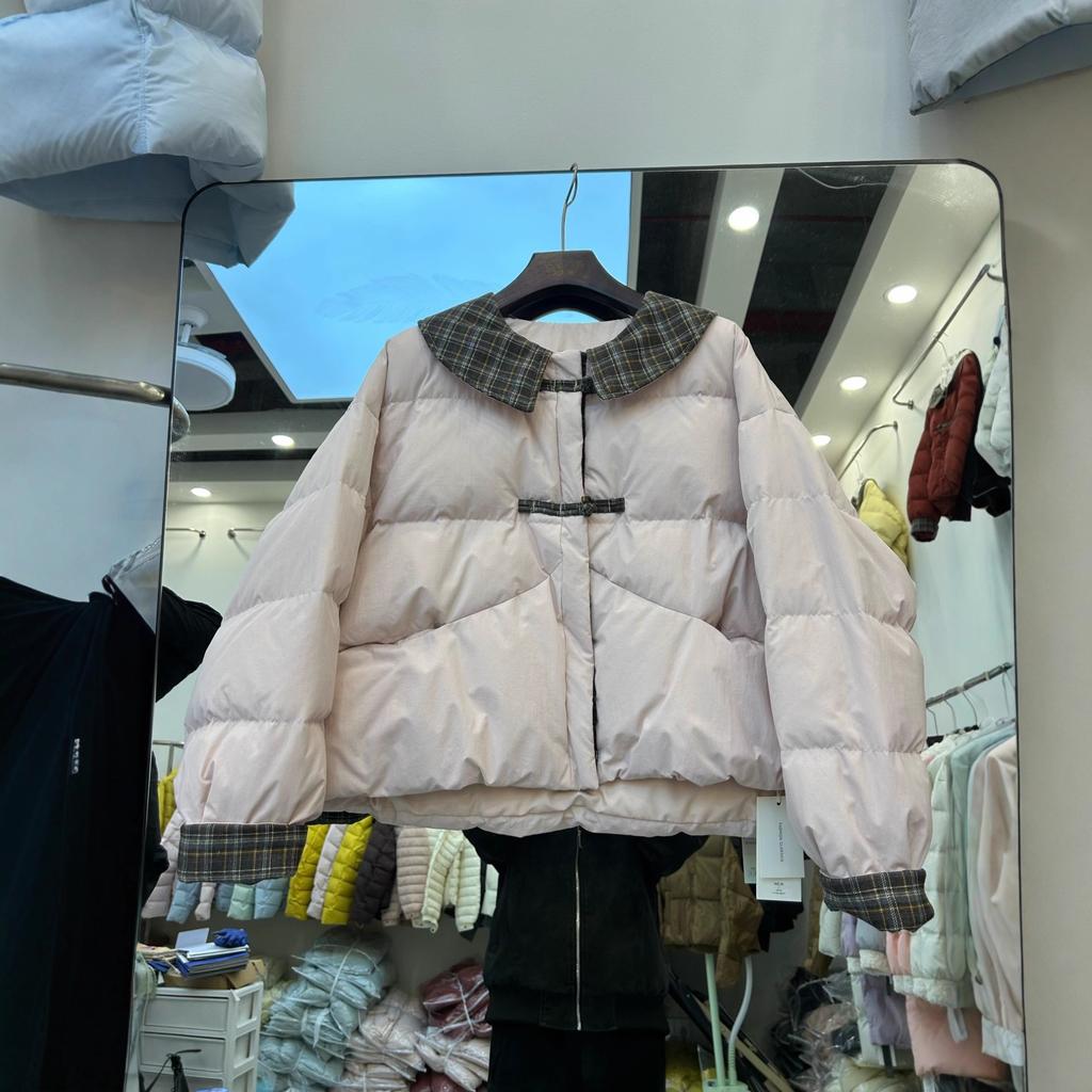 Autumn and winter new contrasting color doll collar down jacket women's short white duck down loose and thin plaid jacket