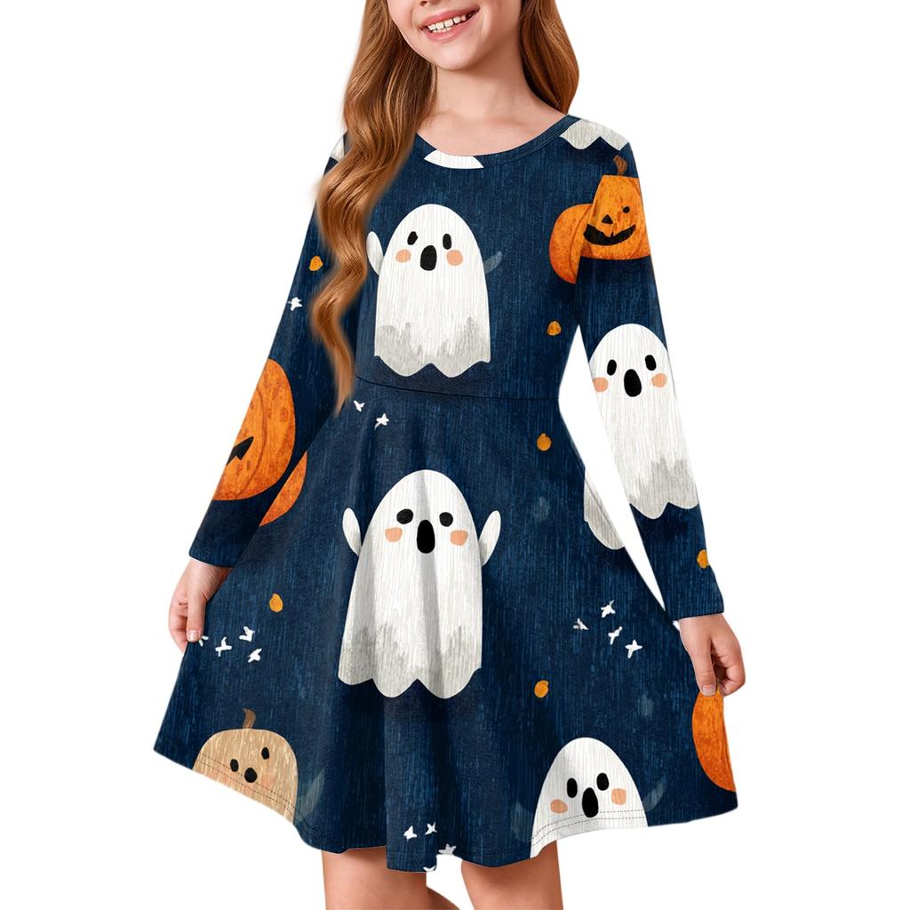Girls' Summer Princess Dress Halloween Day- Long Sleeve A-Line T-Shirt Dress