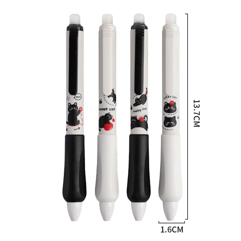 4Pcs Push-Button Erasable Pen With Black Kitten Design High-Quality 0.5Mm Thickness Suitable For Elementary School Students