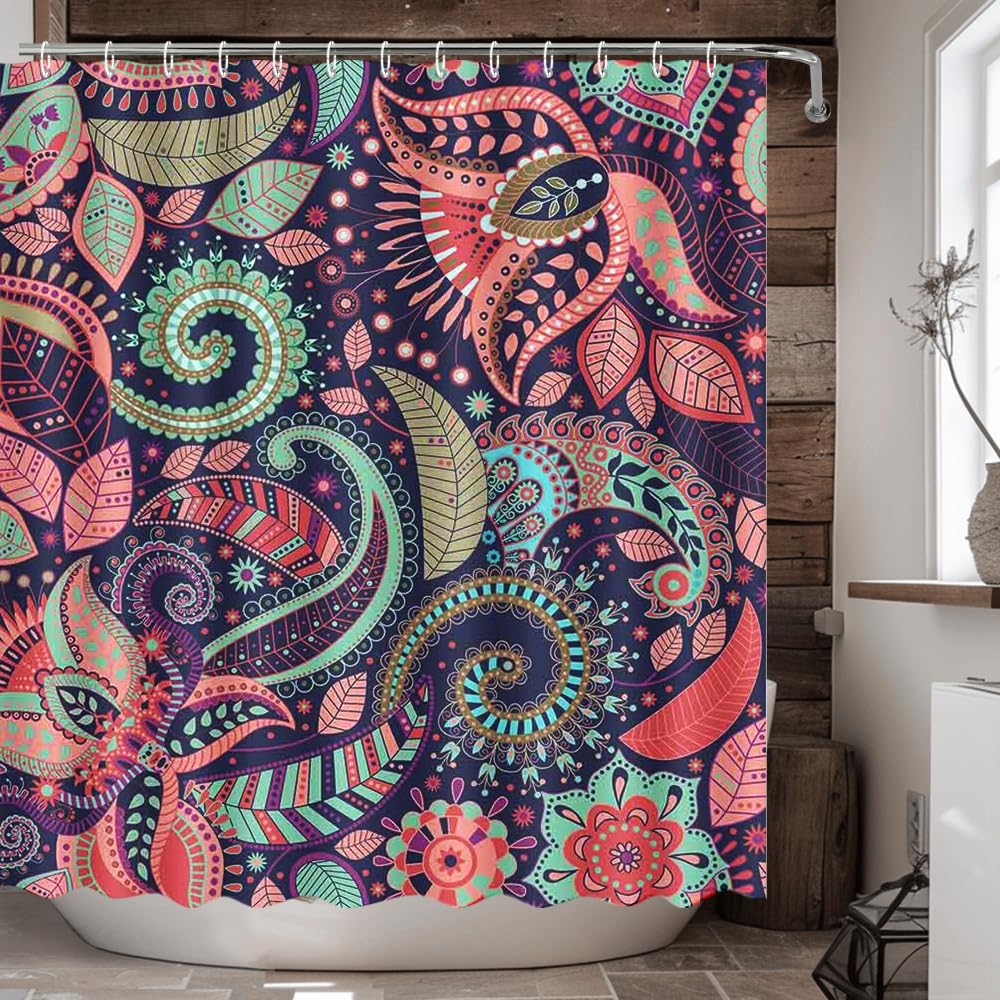 Paisley Boho Shower Curtain Mandala Indian Paisley Colorful Floral Shower Curtain for Bathroom Abstract Flower Art Bathtub Decor
