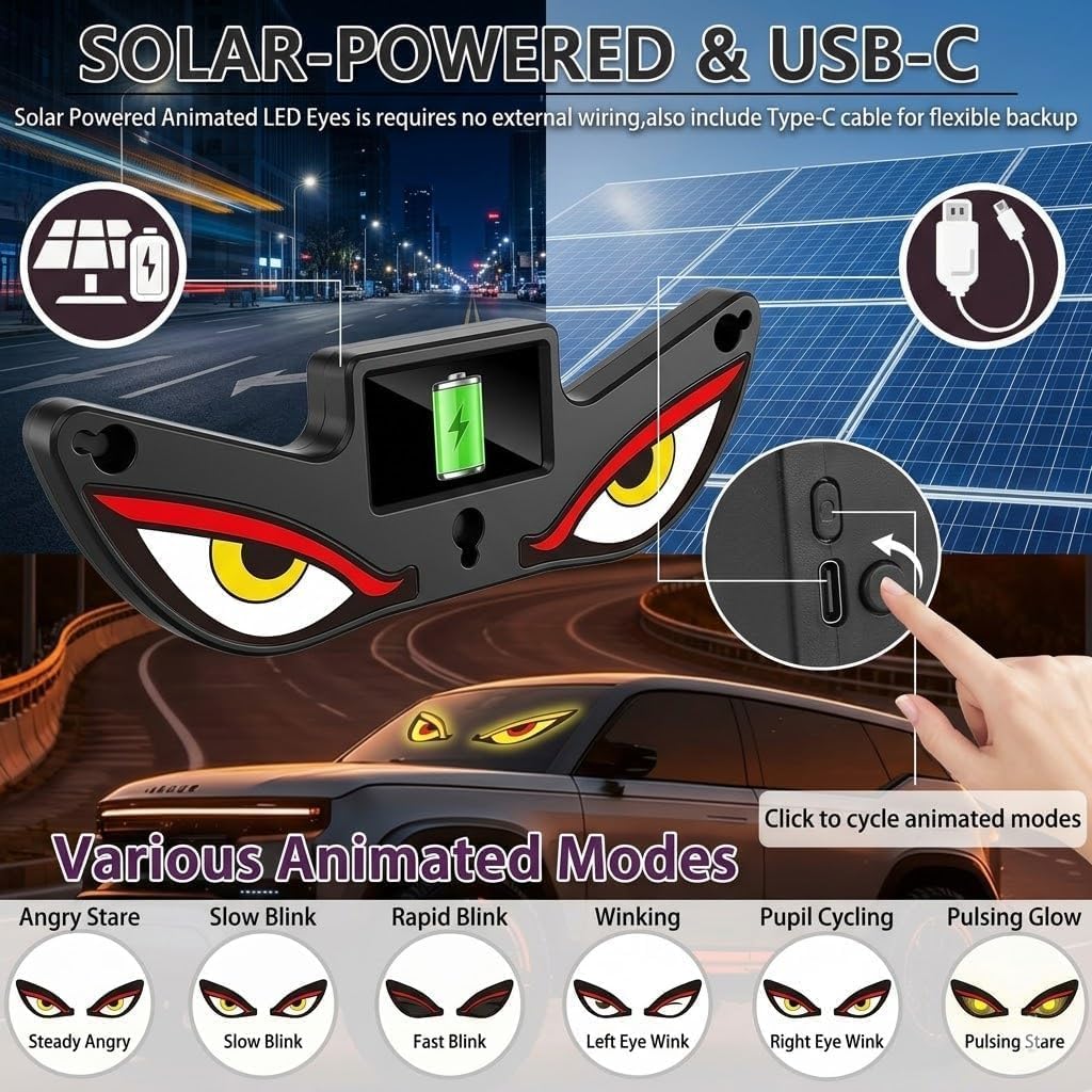 2pcs Solar Demon Eye LED Car Window Light, Wireless No Drill, Waterproof, Animated Devil LED Eyes Light for Car Windshield