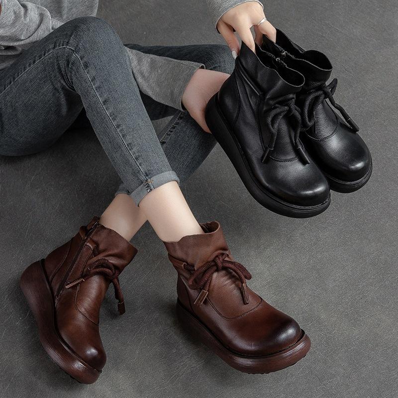 Retro-style Women's Fall and Winter New Shoes - Thick-soled Short Boots with Fleece Lining