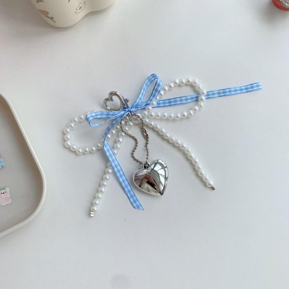 Heart Bow Phone Chain Imitation Pearl Heart Pendant Keyring Simple Bow Bag Pendant  Lady