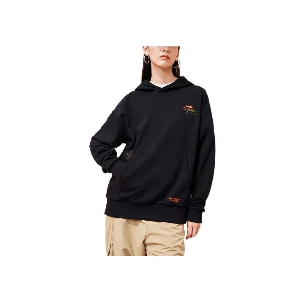 Li-Ning Small Logo Patch Kangaroo Pocket Hoodie Long Sleeve Sweatshirt Unisex Tops Black AWDSF73-4