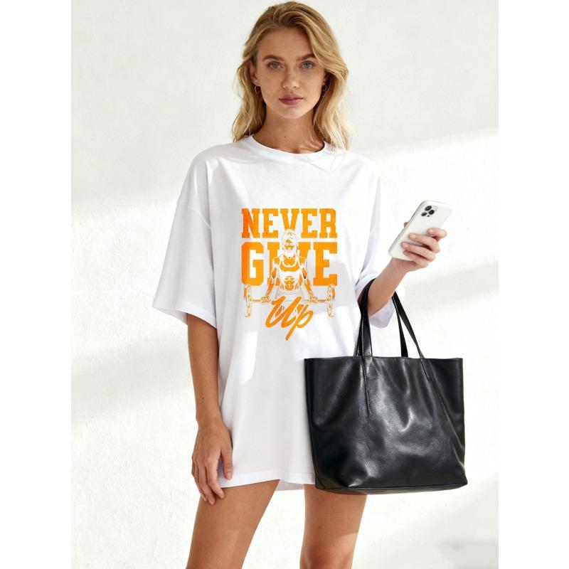 Black Oversized T Shirt Never Give Up Fitness Woman Lifting Barbell Graphic Print Motivational Quote Gym Workout Sport Casual Wear
