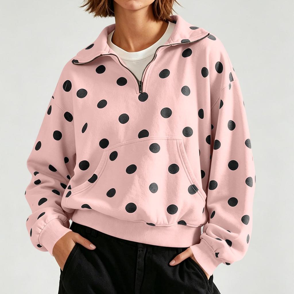 Women's Long Sleeve Half Zip Polka Dot Sweatshirt