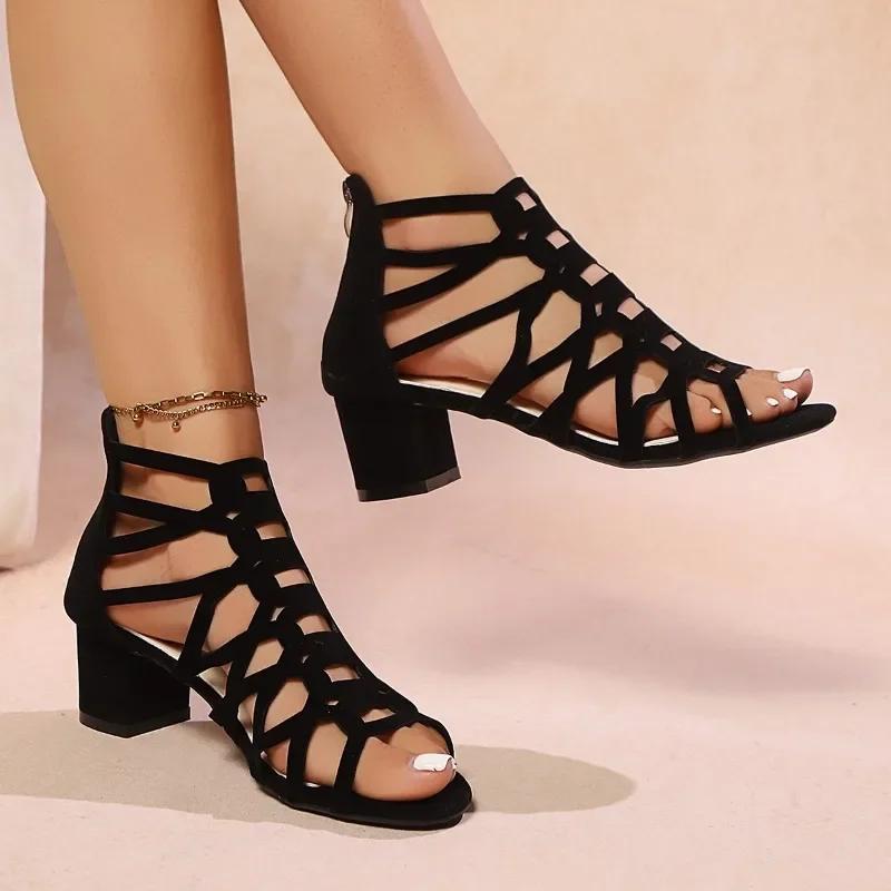 Ladies Shoes 2025 Summer Rome Peep Toe Women's Sandals Narrow Band Chunky Heel Back Zip Fashion Retro Daily Dress Heeled Sandals