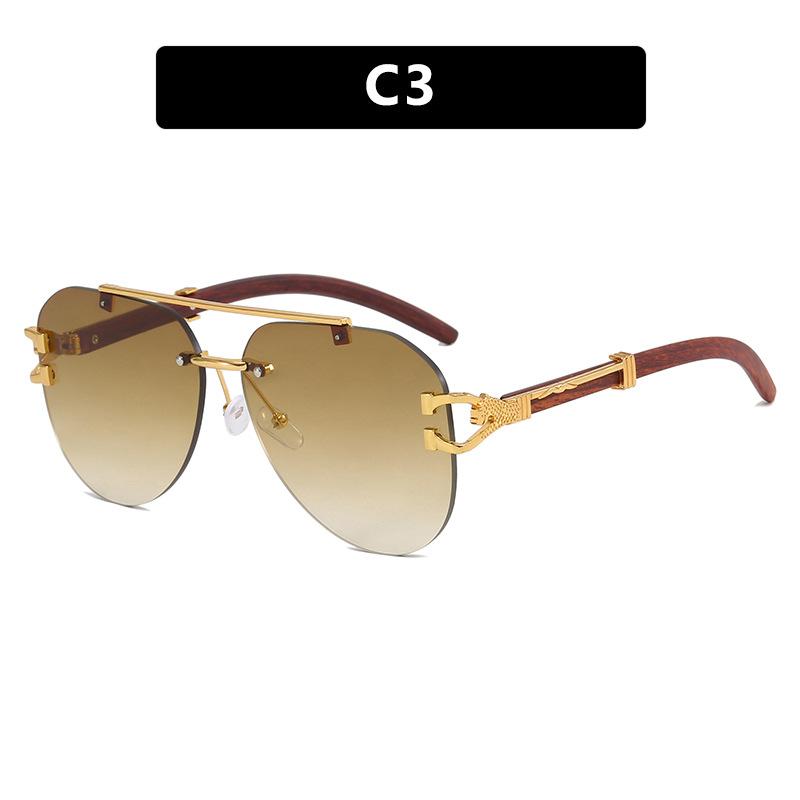 Leopard toad glasses sunglasses wood grain legs double beam frameless trimmed sunglasses European and American fashion trendy sunglasses retro