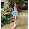 New Summer French Retro Blue Plaid Small Flying Sleeve Dress Feeling Small Flying Sleeve Tutu Dress Tide