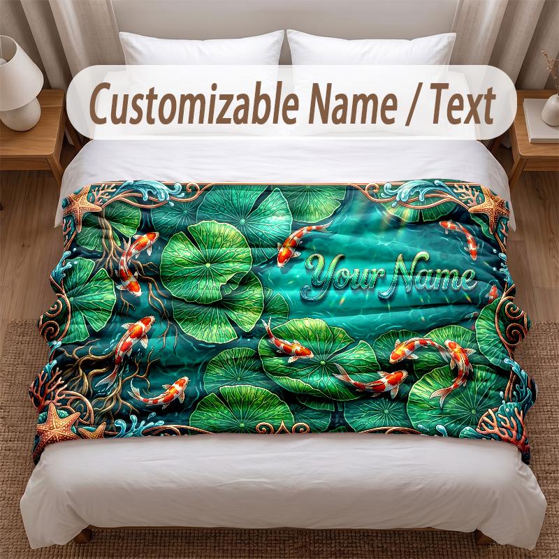 Koi Fish Theme Soft Blanket Personalized Custom Name Text Print Warm Blanket Home Sofa Bedroom Decor