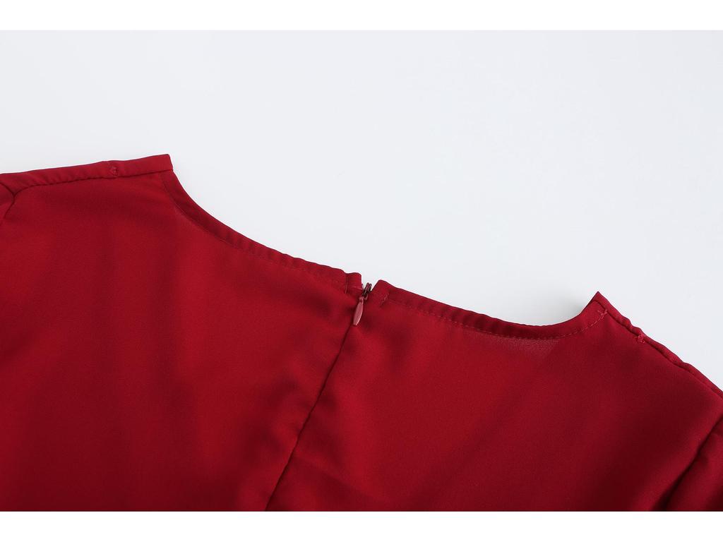 Europäisches & Amerikanisches Damen V-Ausschnitt High-Waist Langarm A-Linien Kleid – Einfarbig, Slim Fit, Casual Stil