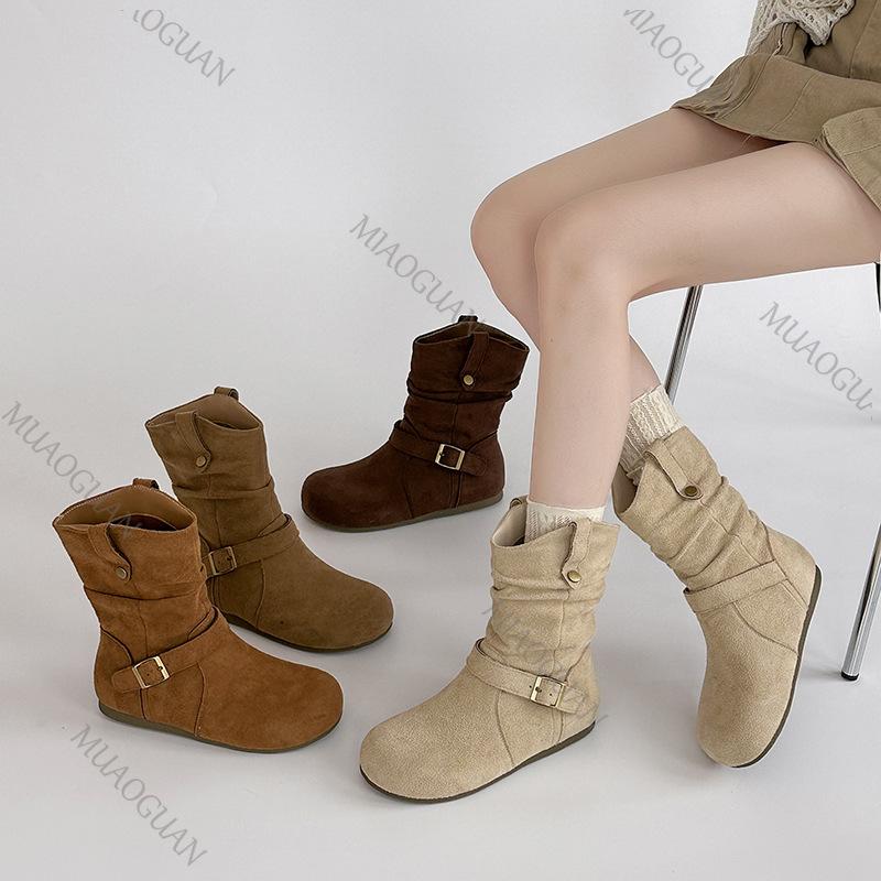 Fashion Retro Suede Buckle Western Boots Fashion Casual Ladies Flat Bottom Slip On Solid Color Short Botines Spring Autumn Women's Shoes