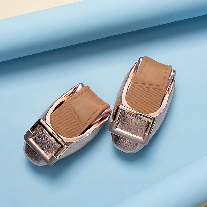 Fashion Metalic Buckle Shoes Ladies Roll-Up Moccasins Comfy Flats Shoes Women Foldable Loafers Antiskid Slip On Silver Ballet Girl Shoes