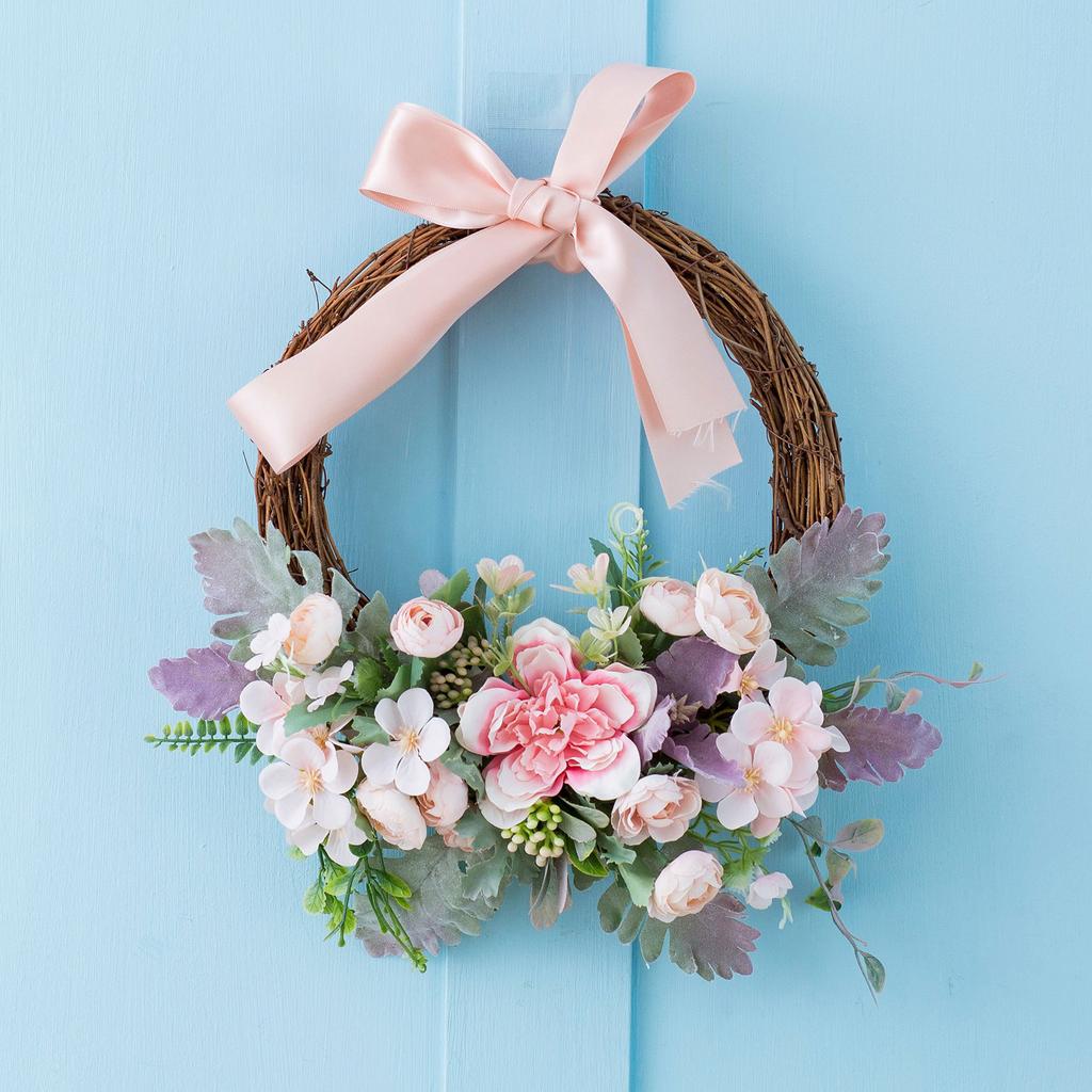 Artificial Flower Wreath Spring Roses Floral Wreath with Green Leaves for Front Door Wedding Wall Home Decor 12.6in