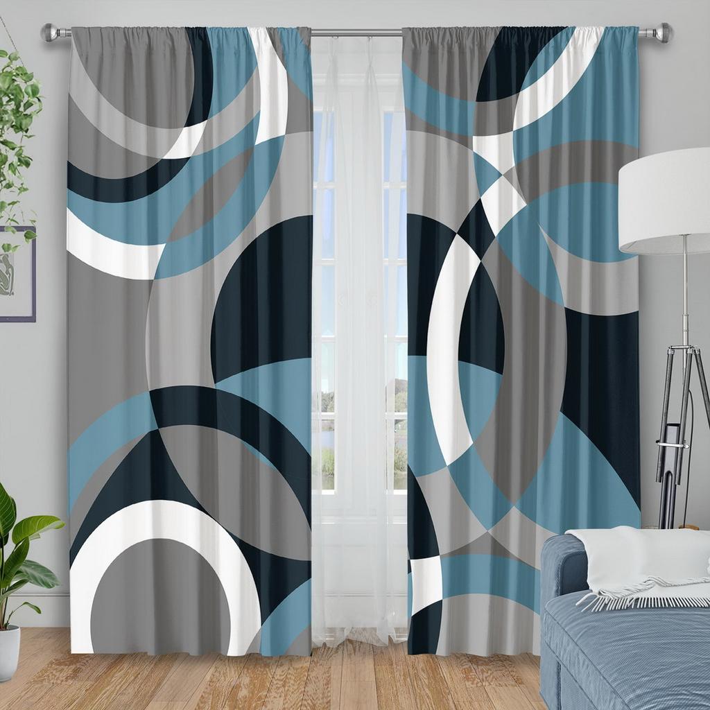 2Pc Modern Geometric Circular Pattern Curtains, Polyester Fabric, Machine Washable, Suitable For Living Room/Bedroom