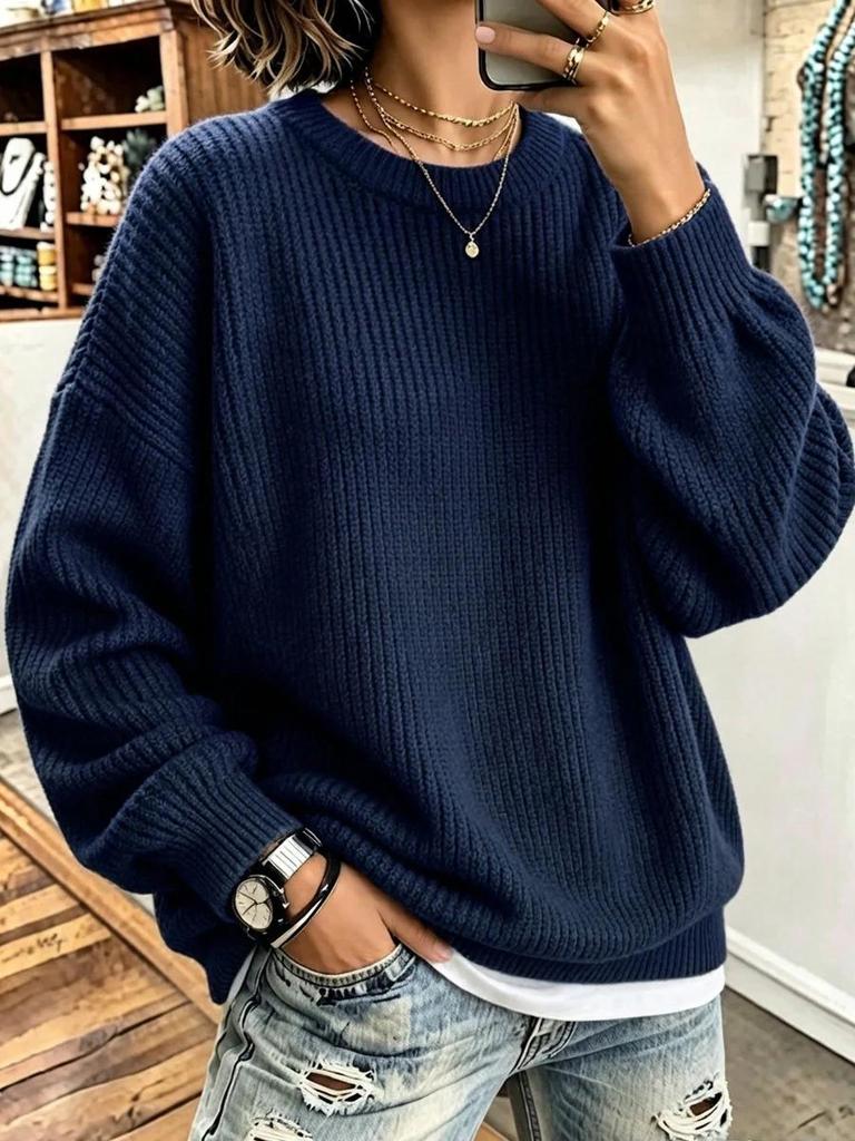 2026 European Autumn-Winter Ribbed Knit Round Neck Sweater - Loose, Comfortable Long Sleeve Pullover for Women