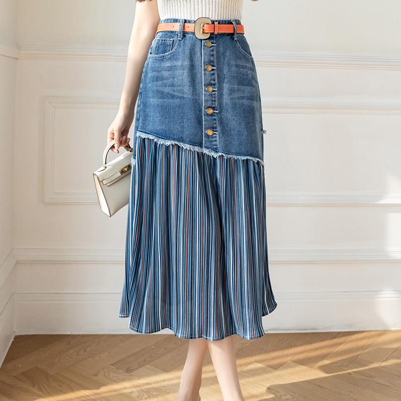 

S-5XL Patchwork Pleated Jeans Skirts Women High Waist Ripped Skirts Vintage Elegant Korean Fashion Denim Skirts Big Size 5XL