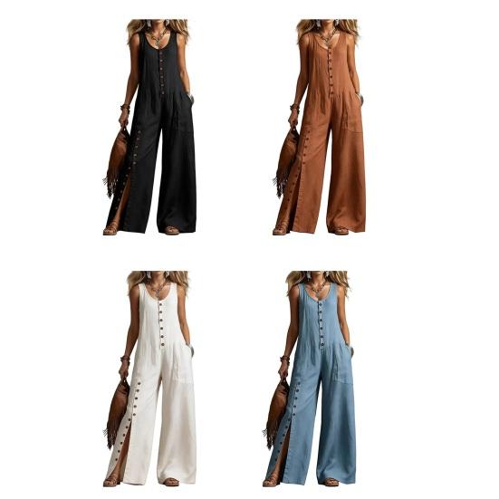Women Button Down Jumpsuits, Sleeveless Crew Neck Casual Wide Leg Rompers, Summer Loose Overall with Pockets