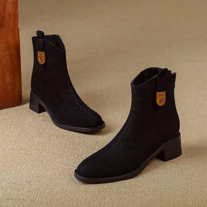 Autumn and Winter Women's Suede Rear Zipper Martin Boots Solid Color Round Head Medium Heel Large Size Women's Boots Round Head New Medium Boots