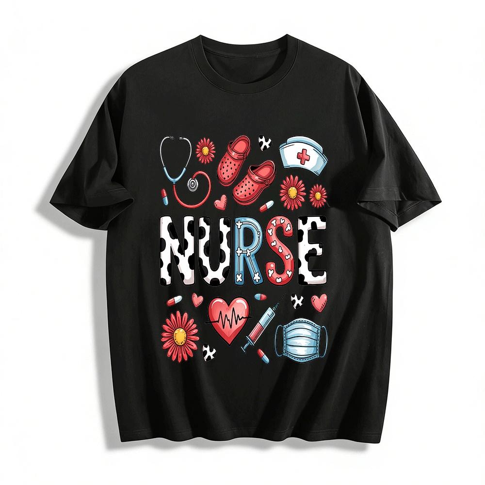 

Cow Print Nurse Themed T-Shirt Healthcare Worker Love Top Pure cotton T-shirt 6XL