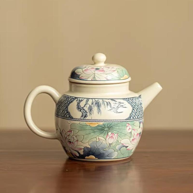 National style lotus rhyme ceramic hand-held pot high value women's teapot lotus retro household kung fu tea set tea maker