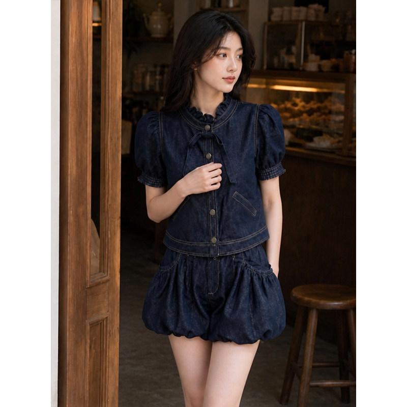 French retro denim suit women`s summer